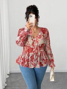 Elenzga 大码女式衬衫，蓝白宫廷花卉腰部荷叶边雪纺衬衫，优雅花卉饰边设计，适合返校、毕业、情人节、音乐节、母亲节、万圣节、感恩节、复活节、国庆节、联欢晚会、约会派对、婚礼季、户外旅行 - 紅色 - 查看 1