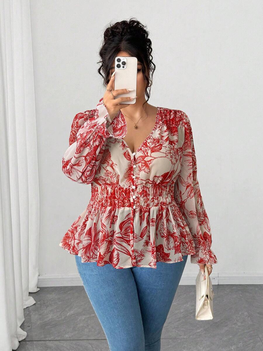 Elenzga 大码女式衬衫，蓝白宫廷花卉腰部荷叶边雪纺衬衫，优雅花卉饰边设计，适合返校、毕业、情人节、音乐节、母亲节、万圣节、感恩节、复活节、国庆节、联欢晚会、约会派对、婚礼季、户外旅行 - 紅色 - 查看 1