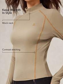 OutZeal Camiseta deportiva de manga larga con cuello alto, ajuste ceñido, de forro polar suave y cálido para mujer, ideal para senderismo y acampada en otoño e invierno - Caqui - Ver 2