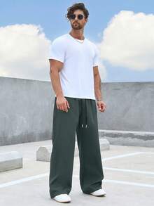 Manfinity Homme 男士加大宽松纯色抽绳腰直筒裤，秋季 - 霧霾藍 - 查看 6