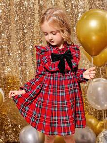 Emery Rose Kids Emery Rose Kids 年轻女孩优雅红色格子拼布蝴蝶结装饰长袖荷叶边下摆宽松连衣裙，适合圣诞节、秋冬季、派对、学校、休闲日常 - 紅色 - 查看 4