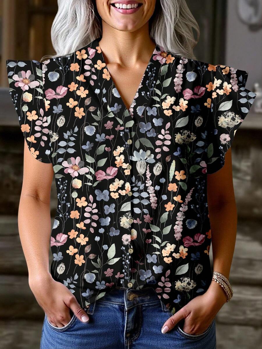 SHEIN LUNE Áo sơ mi nữ họa tiết hoa thường ngày, phù hợp cho mùa hè - màu đen - Xem 1