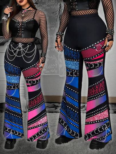 Whyspr Grunge Punk Plus Size Women's Digital Print Flared Pants