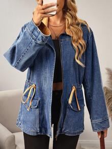 EMERY ROSE Chaqueta vaquera casual de mujer con cintura con cordón, otoño - Azul - Ver 2