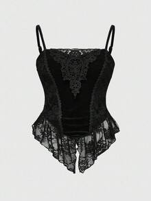 ROMWE Goth Débardeur grande taille Y2K sexy en velours et dentelle contrastée, style Halloween sombre - Noir - Voir 1