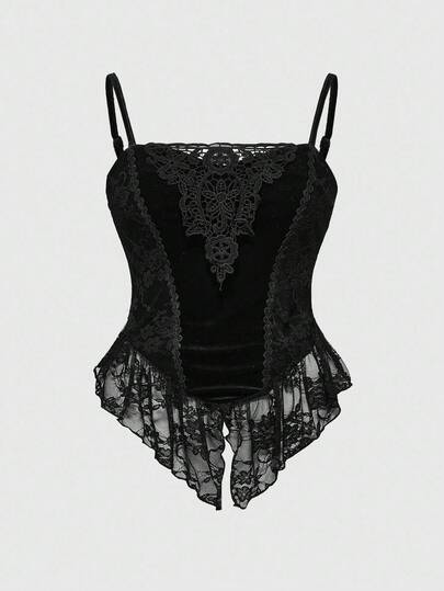 ROMWE Goth Plus Size Y2K Sexigt Linne i Sammet och Kontrastfärgad Spets, Mörk Halloween-stil