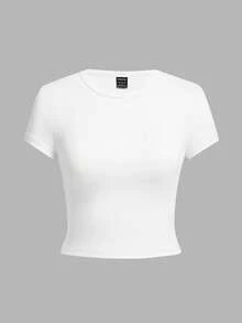 SHEIN EZwear Bộ 4 áo thun nữ tay ngắn cổ tròn raglan màu trắng, thoải mái, phù hợp cho mùa hè - trắng - Xem 4