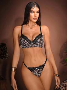 2pcs Women's Leopard Print Lace Patchwork Underwire Padded Push Up Bra Set ClassicAnimalPrint - Multicolor - View 4