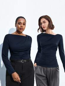 Maija 大码女式蓝色长袖基本款 T 恤，适合秋冬季、圣诞派对、感恩节、休闲都市商务装、优雅上衣 - 藏蓝色 - 查看 8