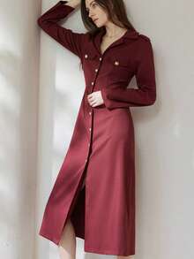 Aveloria Rosie Vintage Retro Coin Pattern Solid Color Long Fitted Flared Dress - Red - View 5