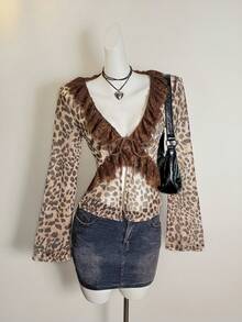 SHEIN Glamour Cárdigan de manga larga con estampado de leopardo, encaje y lazo delantero, estilo vintage, adecuado para salidas casuales y citas, otoño/invierno - Multicolor - Ver 3