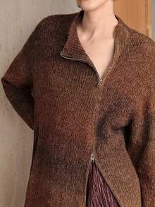 Uhlyne Gradient Knitwear Office Business Casual Asymmetric Brown Versatile Zip-Up Knit Cardigan Top,Halloween,Autumn/Winter, Minimalist, Work Wear, Teacher Outfits, Back To School, Fall , Business Casual,Old Money - Coffee Brown - View 8