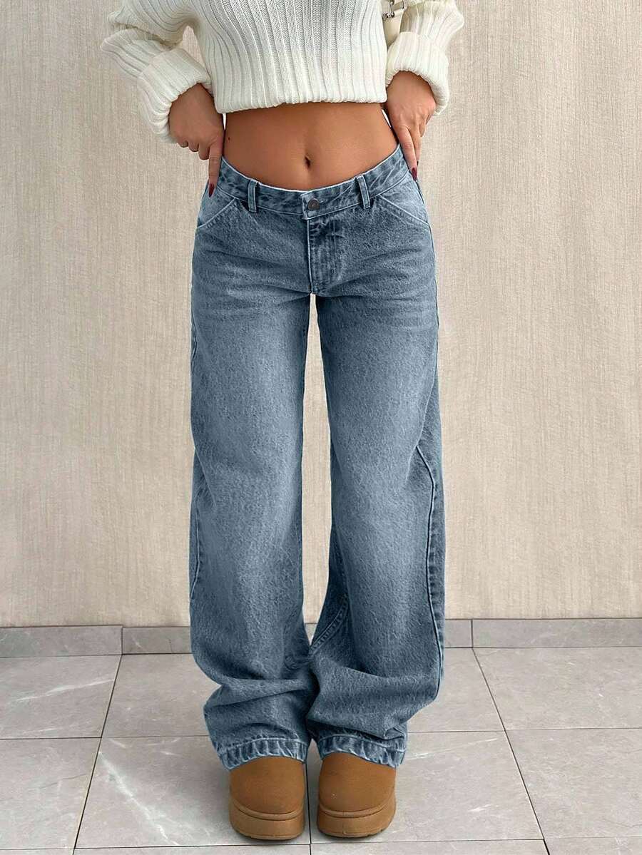 EURMUSE LOW WAIST BAGGY LOOSE STRAIGHT LEG JEAN - Dusty Blue - View 1
