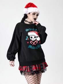 ROMWE Goth 女式哥特式圣诞字母和骷髅印花毛绒拼布圆领运动衫 - 黑色 - 查看 6