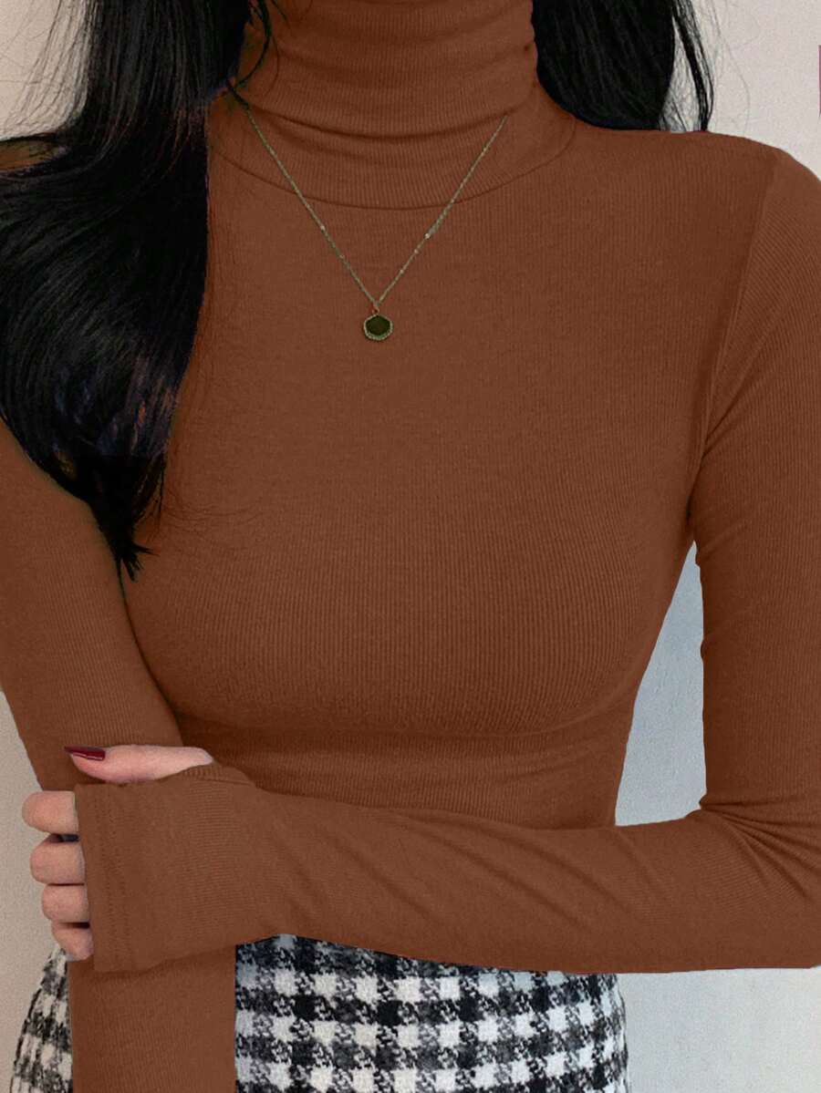 DAZY 女式纯色长袖休闲高领修身打底T恤 - 駝色 - 查看 1