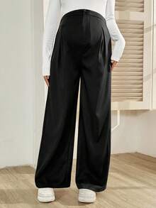 SHEIN 孕妇高腰褶皱阔腿宽松休闲裤 - 黑色 - 查看 9