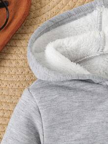 SHEIN Infant Boys' Simple Gray Fleece Hooded Sweatshirt Jacket, Autumn/Winter