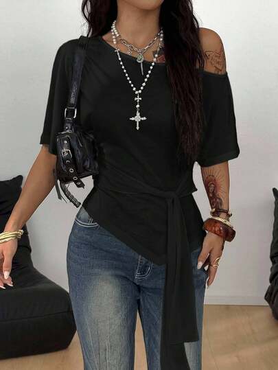 Coolane Women's Solid Color Asymmetric Shoulder Short Sleeve Knotted Waist Casual T-Shirt,Black Top