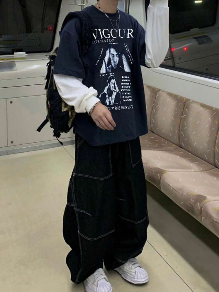 Men's Spring/Summer Letter Print Color Block T-Shirt Back To School,Graphic Tees Long Sleeve Men Shirt, For Fall