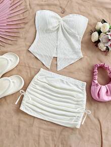 SHEIN 青少年女孩休闲简约舒适不对称下摆背心和编织 A 字裙套装 - 卡其色 - 查看 4