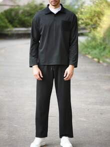 Claim Dot Men's Black Casual Polo Collar Long Sleeve Pocket Sweatshirt And Pants Set, Fall Clothes - Black - View 4
