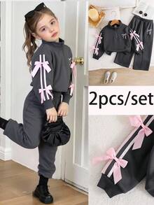SHEIN 2pcs/Set Young Girls Cute Versatile Gray Bow Collar Sweatshirt Set, Autumn/Winter Teen Girls Clothes Set Kids Two Piece Sets Girls 2 Piece Set Autumn Winter Girl Set Sweatshirt Set For Girl Winter Young Girls Sets Sweatshirt Straight Pants Suit Tween Girl Teen Girl Clothes Teen Girls Sets Zipper Girl S Spring And Autumn Suit Girls Autumn Winter Casual Two Piece Set Girls Quarter Zip Sweatshirt And Pants Set With Pink Bow Details Toddler Kids Matching Outfit Girls Spring And Autumn Suit - Grey - View 9