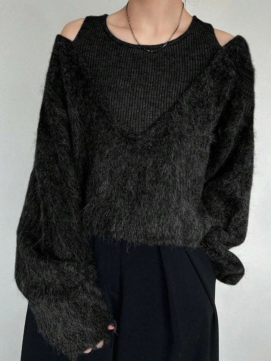 FRIFUL 女士二合一拼接宽松露肩加厚保暖套头衫，秋季 - 黑色 - 查看 1