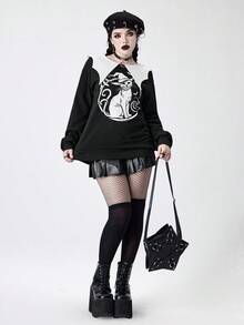 ROMWE Goth 女式撞色蝙蝠领猫咪印花运动衫 - 黑色 - 查看 8