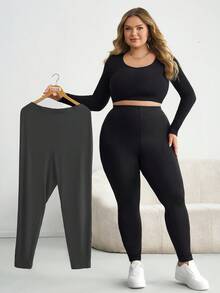 SHEIN CURVE+ Set da 2 pezzi in colori neutri abbinato a leggings aderenti adatti per l'autunno e l'inverno, set da 2 pezzi in nero e grigio per taglie forti - Multicolore - Visualizzare 6
