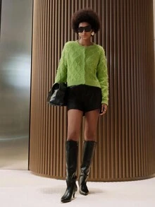 Lumivelle Damen grüne Rautenmuster Loose Cardigan, kurzer Stil, Langarm, Herbst/Winter - Grün - Übersicht 3