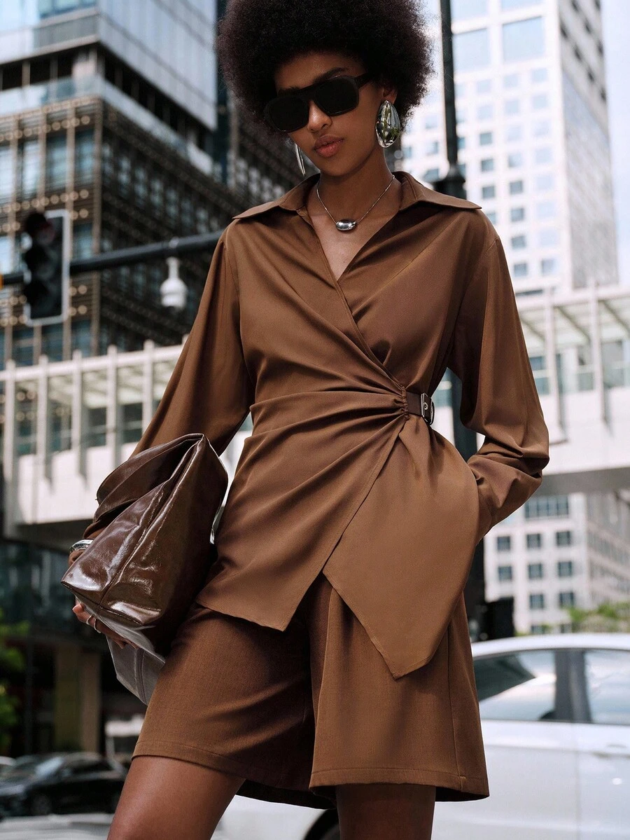 Lumivelle Women's Elegant Coffee Brown Blouse,Autumn Office Regular Fit X-Shaped Shirt Collar Drop Shoulder Long Sleeve Waist Fold Pleated Splice Belt Blouse - Brown - View 1