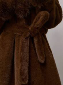 SHEIN BAE Women's Solid Color Shawl Collar Long Sleeve Pocket Belt Design Long Faux Fur Fashion Jacket Brown Outfits For Women Luxury Clothes For Women Brown Clothes Women Winter Clothes - Mocha Brown - View 8
