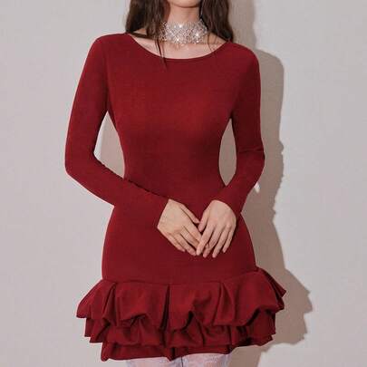 솔리드 컬러 슬림핏 긴소매 여성용 숏 드레스