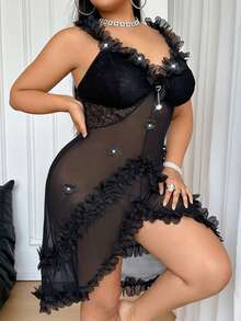 Napfluff CURVE Napfluff CURVE Camisón con volantes, encaje y decoración de flor de perla para tallas grandes - Negro - Ver 6