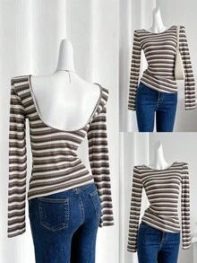 SHEIN LUNE Women's Striped Round Neck Long Sleeve Casual Backless T-Shirt - Multicolor - View 3