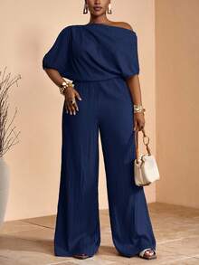 Veslaya 2025 Spring/Summer New Elegant Party, Date, Evening, Graduation Season Solid Khaki Fitted One Shoulder Pleated Decor Oblique Shoulder Extra Long Wide Leg Pants, Woven Textured Fabric, Women Plus Size Jumpsuit - Navy Blue - View 5