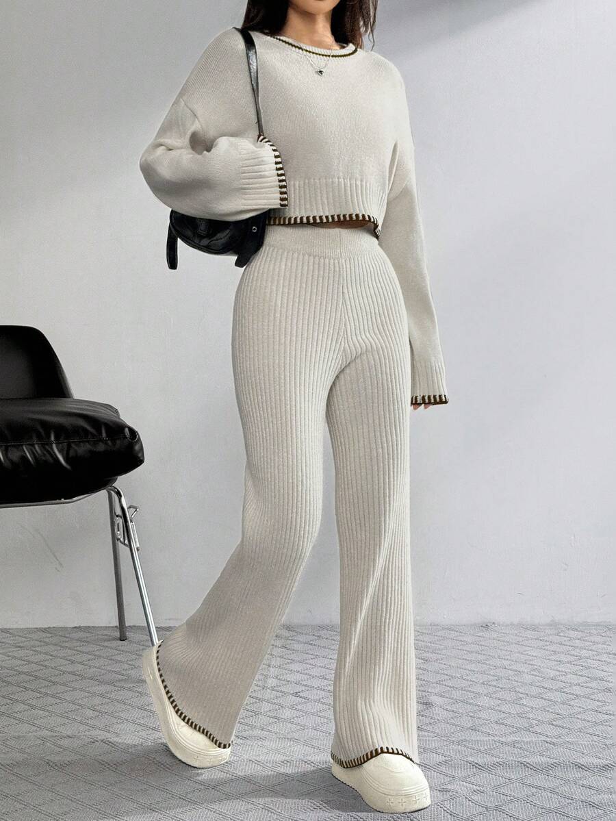 SHEIN EZwear 女式休闲浅灰色撞色镶边圆领长袖毛衣和裤子两件套，女式秋季服装 - 淺灰色 - 查看 1