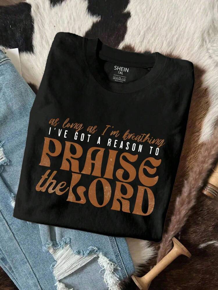 Flirla Áo phông cỡ lớn "Tôi có lý do để ca ngợi", Áo phông ca ngợi Chúa, Áo phông Brandwyn Highland Christian, Áo phông in hình cổ tròn dành cho nữ - màu đen - Xem 1
