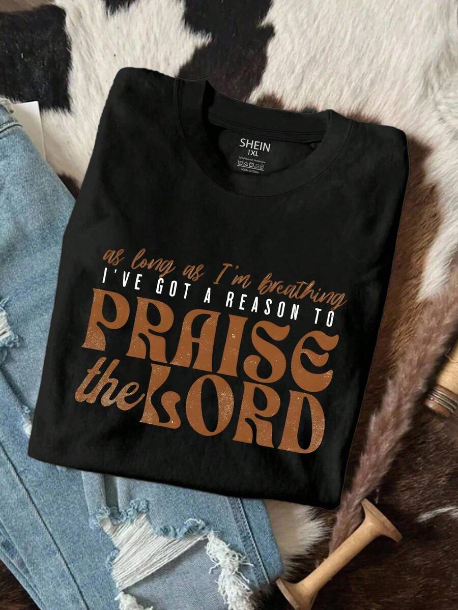 Flirla Áo phông cỡ lớn "Tôi có lý do để ca ngợi", Áo phông ca ngợi Chúa, Áo phông Brandwyn Highland Christian, Áo phông in hình cổ tròn dành cho nữ - màu đen - Xem 1