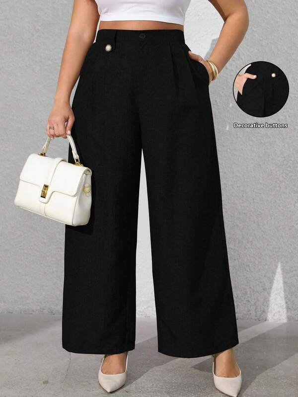 Vionelle Plus Size Women's Solid Color Front Button Patch Pocket Wide Leg Pants