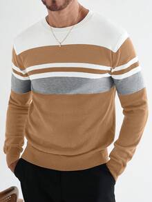 Manfinity Homme 男士条纹圆领长袖休闲毛衣，秋冬 - 駝色 - 查看 1