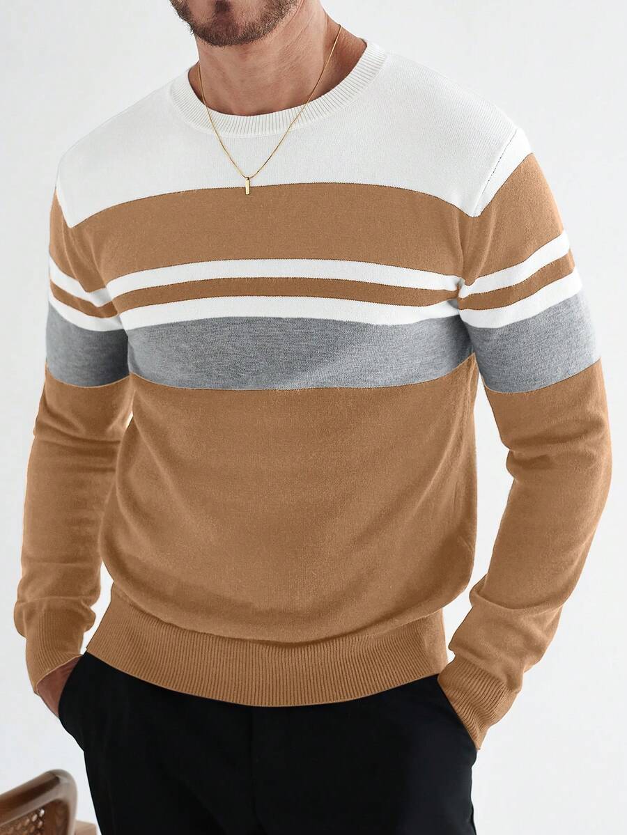 Manfinity Homme 男士条纹圆领长袖休闲毛衣，秋冬 - 駝色 - 查看 1