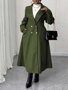 Maweii Plus Size Women's Square Neck Lapel Open Front Water Blue A-Line Pocket Mid-Length Elegant Vintage Casual Cute Overcoat, Autumn/Winter - Army Green - View 5