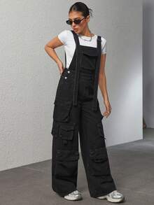 SHEIN PETITE Quần yếm denim ống rộng dáng rộng, thường ngày có túi hộp dành cho nữ - màu đen - Xem 5