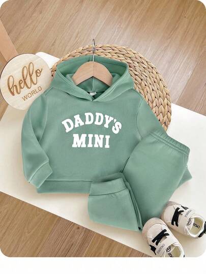 2 Stücke/Set für Babys, süßes militärgrünes Kapuzenpullover-Sweatshirt mit Taschen und Hosenset mit elastischer Taille, Herbst/Winter-Babykleidung für Jungen, Papa-Baby-Kapuzenpullover, Baby-Sweatshirts, Pullover für Babys, hellgrüne Daddys-Mini-Kleidung