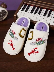 FRIENDS X SHEIN Women's Autumn/Winter Lobster & Letter Embroidered Home Slippers For Christmas