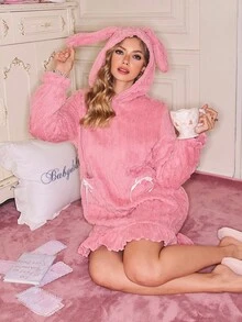 SweetSlumber SweetSlumber Plush Loose Fit Casual Dress For Women, Autumn/Winter Cute Lounge Set Bunny Hoodie Lounge Set Pink Fluffy Lounge Set Fluffy Pjs Pink Sleepwear Cute Sleep Wear Women Pink Lounge Set, Fall Winter, Cozy Outfit