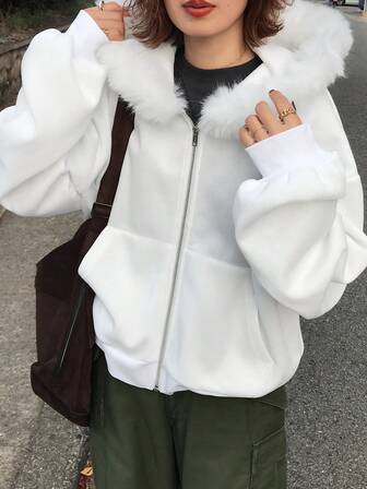 FRIFUL Women's Solid Color Drop Shoulder Long Sleeve Zipper Front Casual Thermal Lined Hoodie With Fur Collar Patchwork Jacket