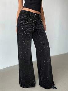 Aloruh 女式低腰亮片拼接优雅口袋牛仔裤 - 灰色 - 查看 6