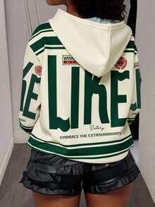 Slaydiva 复古美式休闲老派街头风绿色“点赞”印花加大码女式卫衣，适合秋冬季穿着 - 彩色 - 查看 3